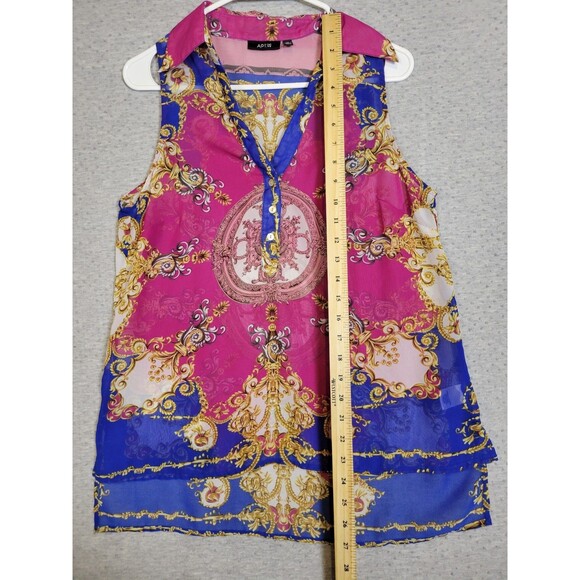 Womens Multicolor Scroll Chiffon Sleeveless Tunic Top Size Medium Sheer Maximal - Picture 6 of 9